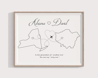 International Love Map Art, Long Distance Relationship Gift for Boyfriend, Boyfriend Gift Personalize, Long Distance Map Print, Gift for Her