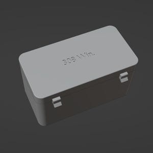 May include: A gray rectangular box with a hinged lid and two clasps. The text "308 Win." is embossed on the lid. The box is made of a solid material and is designed to store items.