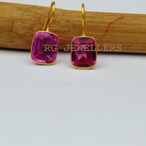Ruby Gold Earring, Solid 18K Gold Earring, Lab-Created Pink Ruby hoop Earring, Handmade Gold Earring, Boho Gold Earring