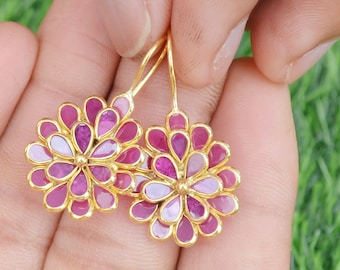 Handmade 18K Gold Ruby Dangle Earrings: Boho Floral Design