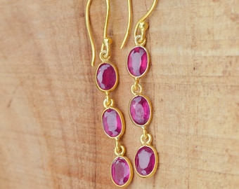 Handmade 18K Gold Ruby Dangle Earrings: Boho Style