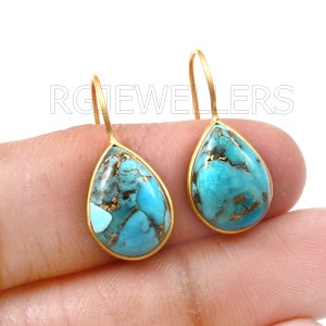 Gold Earring, Turquoise earring, Solid 14K, 18K Gold Earring, Handmade Gold Earring , natural blue copper turquoise Gold Earring