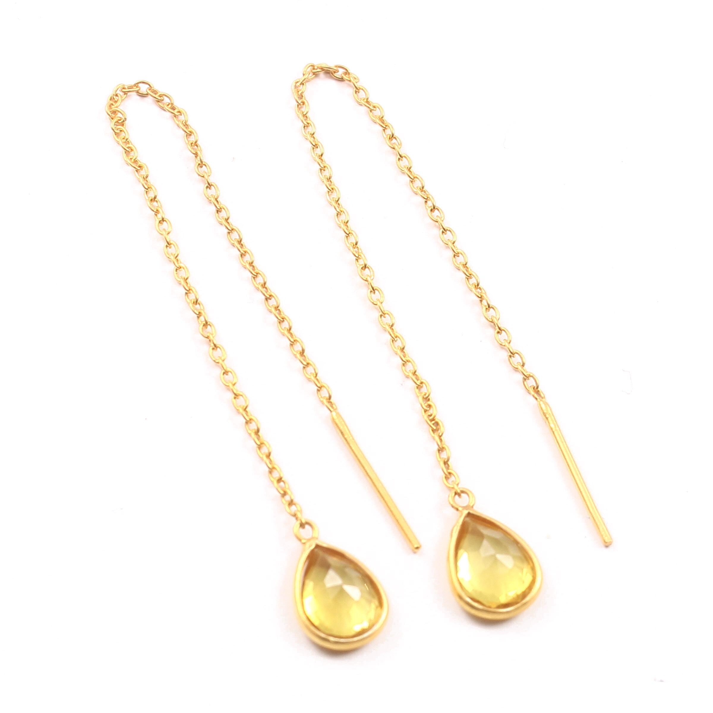 Thread Earring Yellow Handmade 18K Gold Yellow Sapphire Threader Earrings - Etsy