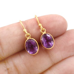 Handmade 18K Gold Amethyst Dangle Earrings: Oval Gemstone