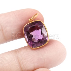 Handmade 18k Gold Amethyst Charm: Faceted Cushion Pendant