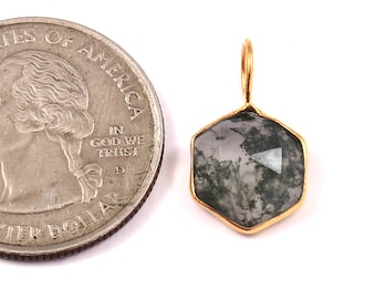 Handmade 18k Gold Moss Agate Charm: Natural Green Hexagon Pendant