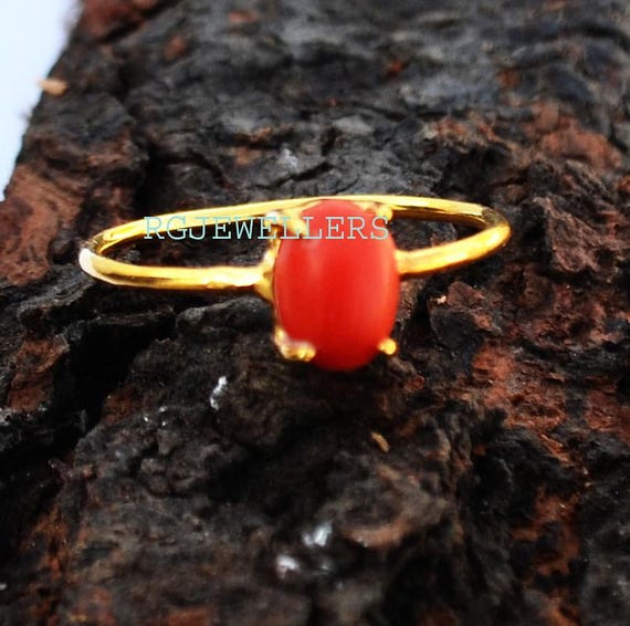 Handmade 18k Gold Coral Ring: Dainty Gemstone Ring