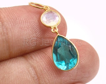 Handmade 18k Gold Charm, Swiss Blue Topaz & Moonstone Pendant