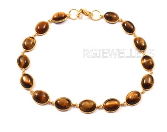 Pulsera de ojo de tigre hecha a mano en oro macizo de 14k-18k