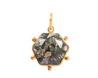 18k Gold Moss Agate Charm: Handmade Dainty Pendant