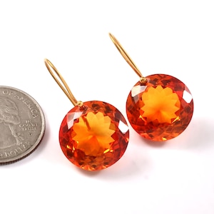Lab-Created Orange Sapphire Gold Earring, Solid 14K, 18K Gold Earring,Handmade Gold Earring, Dangle Earring, Boho Gold Earring