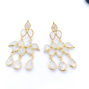 Rainbow Moonstone Chandelier Earrings: 925 Sterling Silver, Gold Plated, Boho Handmade