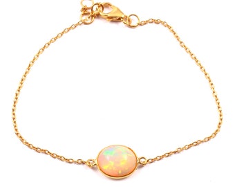 Pulsera de ópalo ovalada de oro macizo de 18 quilates hecha a mano, 18 cm.