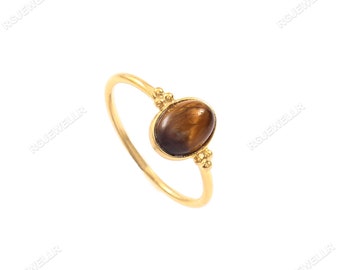 Handmade 18k Gold Tiger Eye Ring: Oval Gemstone Statement Ring