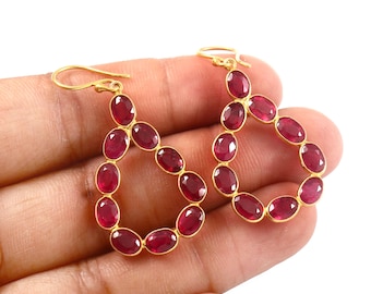 Handmade 18K Gold Ruby Dangle Earrings: Boho Style