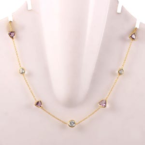 Natural Blue Topaz & Amethyst 925 Sterling Silver Necklace, 18k Gold Plated, Womens Necklace, Multistone Necklace, Gold Handmade Necklace
