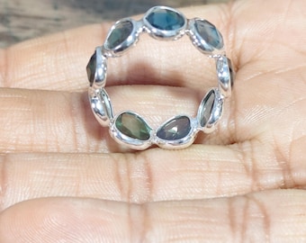 Green Tourmaline Eternity Band Ring: Solid 925 Sterling Silver Birthstone