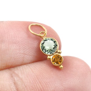 Green Amethyst And Citrine Gold Charm, Solid 18k Gold Charm, Dainty Charm, Handmade Charm Pendant, Gemstone Charm, Citrine Amethyst Charm