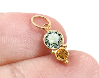 Green Amethyst And Citrine Gold Charm, Solid 18k Gold Charm, Dainty Charm, Handmade Charm Pendant, Gemstone Charm, Citrine Amethyst Charm