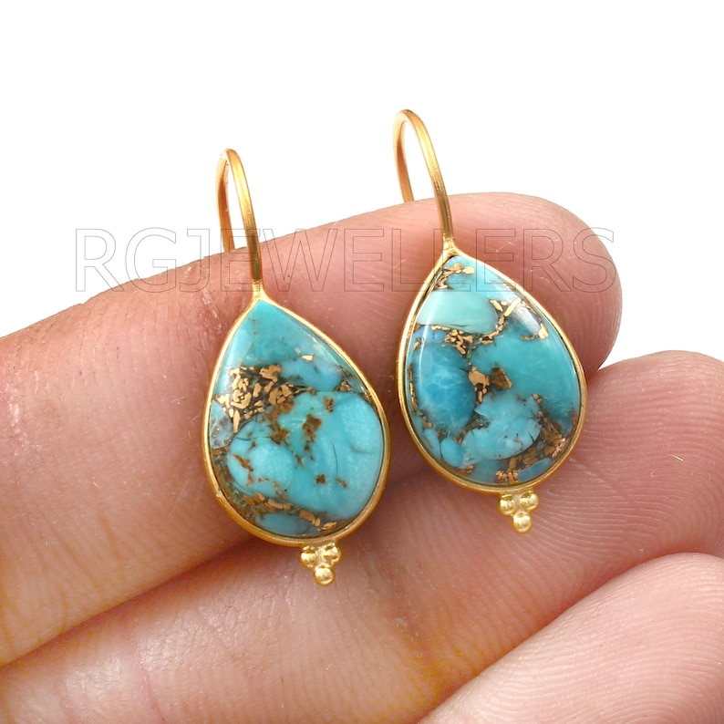 Copper Turquoise Gold Earring, Solid 14K, 18K Gold Earring, Dangle Earring, Handmade Gold Earring, Dangle Earring, Boho Gold Earring image 1