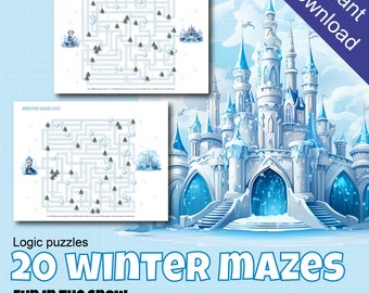 Winter Themed Maze Activity Pages for Kids, Home School, INSTANT DOWNLOAD 20 mazes with winter mazes ice princesse and prince Letter and A4