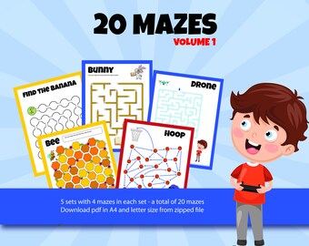 PRINTABLE MAZES for kids 20 mazes in color Ages 4-10. Instant download and print Letter and A4 home school and preschool brain teasers