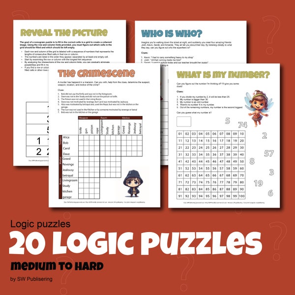 20 LOGIC PUZZLES for kids Printable Instant download (Pdf in letter and A4)