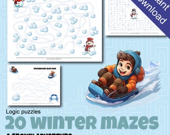 Winter Maze INSTANT DOWNLOAD 20 printable mazes (pdf in Letter and A4)