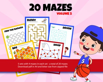 PRINTABLE MAZES for kids 20 mazes in color Ages 4-10. Instant download and print Letter and A4 home school and preschool brain teasers