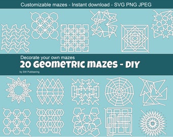 Ready-to-decorate Geometric Maze Templates - Personalize Your Own, 20 Designs in PNG, JPEG, SVG Formats