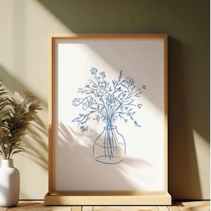 Impresión de naturaleza muerta con flores azules, arte de jarrón con ramo floral, póster estético azul retro, arte de pared botánico dibujado a mano