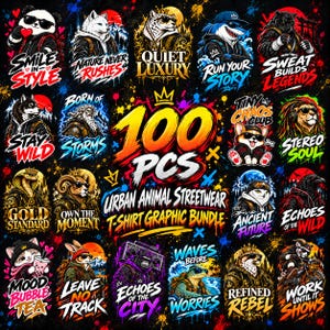 Może przedstawiać: Cyfrowa kolekcja 100 projektów graficznych przedstawiających antropomorficzne zwierzęta w stylu streetwear, w tym pandę, wilka, rekina, lwa i goryla. Każda ilustracja zawiera pogrubione hasła tekstowe, takie jak Smile in Style.