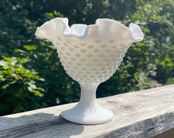 Vintage  Hobnail Milk Glass Ruffle Vase, vintage milk glass, milk glass, retro decor.