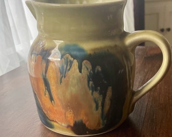 Vintage Studio pottery dipped pitcher, beige,blue and orange
