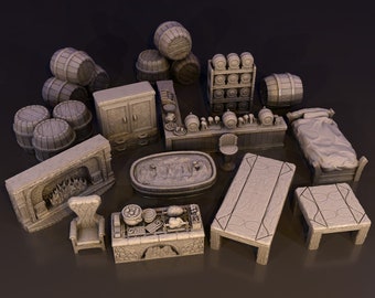 Tavern/Bar Furnishings Set, DnD Miniature Terrain, Dungeons and Dragons, D&D, Pathfinder, Scatter, Wargaming, Tabletop, 28mm
