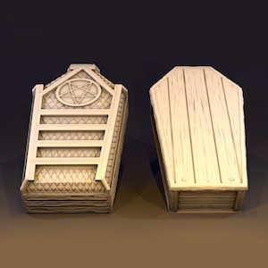 May include: Two wooden coffins, one with a pentagram design and the other with a plain wooden lid.