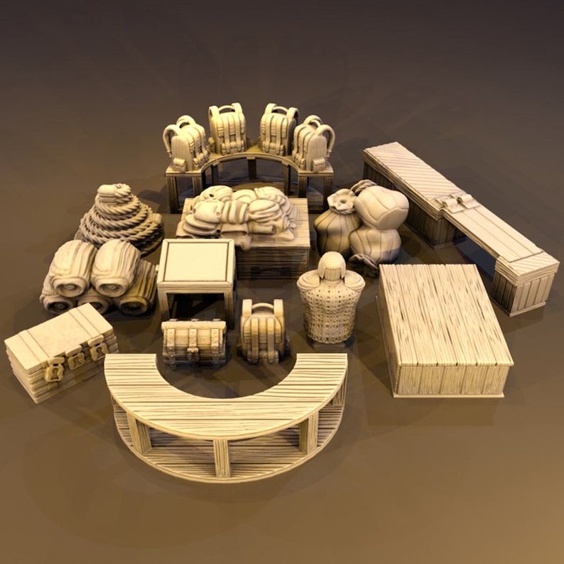 May include: A collection of miniature wooden furniture and accessories, including a table, chairs, a bench, a chest, and a rope. The items are painted in a light brown color and have a rustic, aged look.