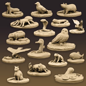 16 Friendly Familiars - Animal Set, DnD Miniatures, Dungeons and Dragons, D&D, Pathfinder, Scatter, Small, Giant, Tabletop, 28mm