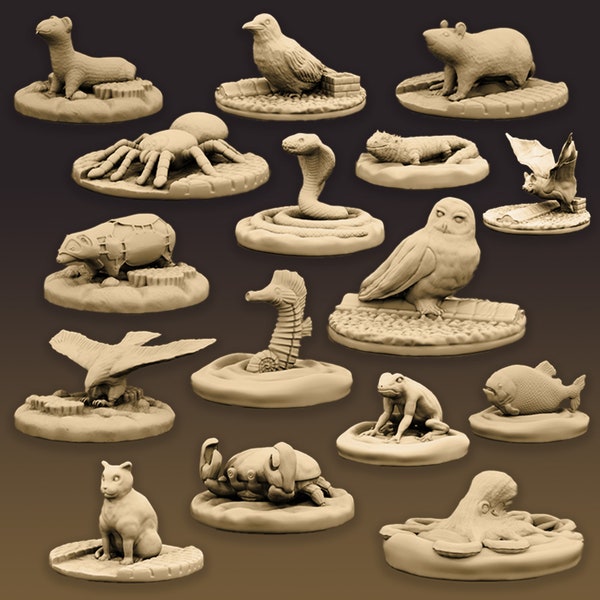 16 familiers sympathiques : ensemble d'animaux, figurines D&D, donjons et dragons, D&D, éclaireur, dispersion, petit, géant, de table, 28 mm