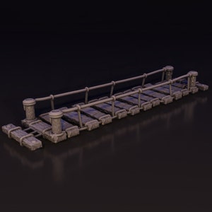 Puede incluir: Un puente de madera con barandillas y soportes de cuerda. El puente está hecho de tablones de madera y tiene un aspecto rústico.