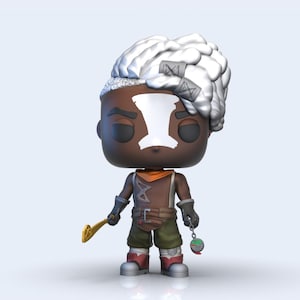 May include: A black and brown vinyl figure with white hair, a white face mask, and a gold and green accessory. The figure is wearing a brown and orange shirt, green trousers, and red and white shoes.