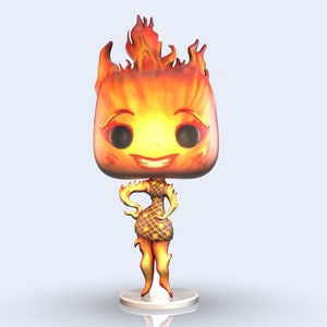 Può includere: Una statuetta in vinile stilizzata con una grande testa quadrata dalla texture fiammeggiante nei toni dell'arancione, giallo e rosso. La figura presenta un'ampia bocca sorridente, occhi neri circolari e indossa un abito scuro con motivo a griglia.
