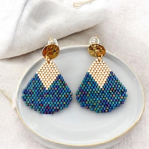 Beaded Fan Earrings: Blue Miyuki Seed Bead Gold Studs