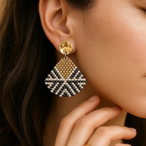 Black and White Beaded Dangle Earrings: Geometric Tribal Boho Jewelry