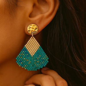 Beaded Teardrop Dangle Earrings: Green Blue Gold Miyuki Beads