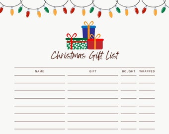 Digital Christmas Gift List, Shopping List, Printable, Downloadable, Check-List