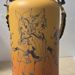 May include: Yellow and orange water bottle featuring a black line drawing of two anime characters. The bottle has a black lid and a black and yellow strap. The design includes musical notes and stars.
