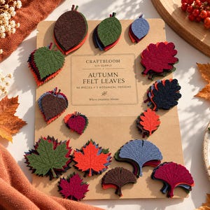 Puede incluir: Un conjunto de 90 hojas de fieltro en cinco diseños botánicos, dispuestas sobre un soporte de cartón color canela etiquetado CRAFTBLOOM DIY SUPPLY AUTUMN FELT LEAVES 90 PIECES 5 BOTANICAL DESIGNS. Las hojas vienen en varios colores, incluyendo rojo, verde, azul y marrón.
