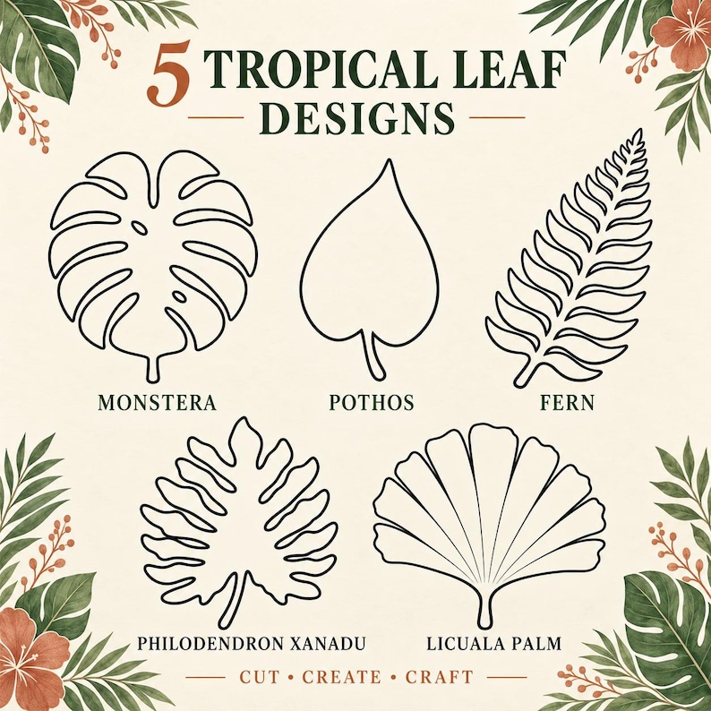 Leaf Design Dxf File Indoor Jungle Leaf SVG DXF PNG Bundle, 5 Tropical Leaves, Laser Cut ...