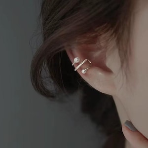 Pearl ear cuff no piercing, double ear cuff with pearl ,cartilage ear cuff